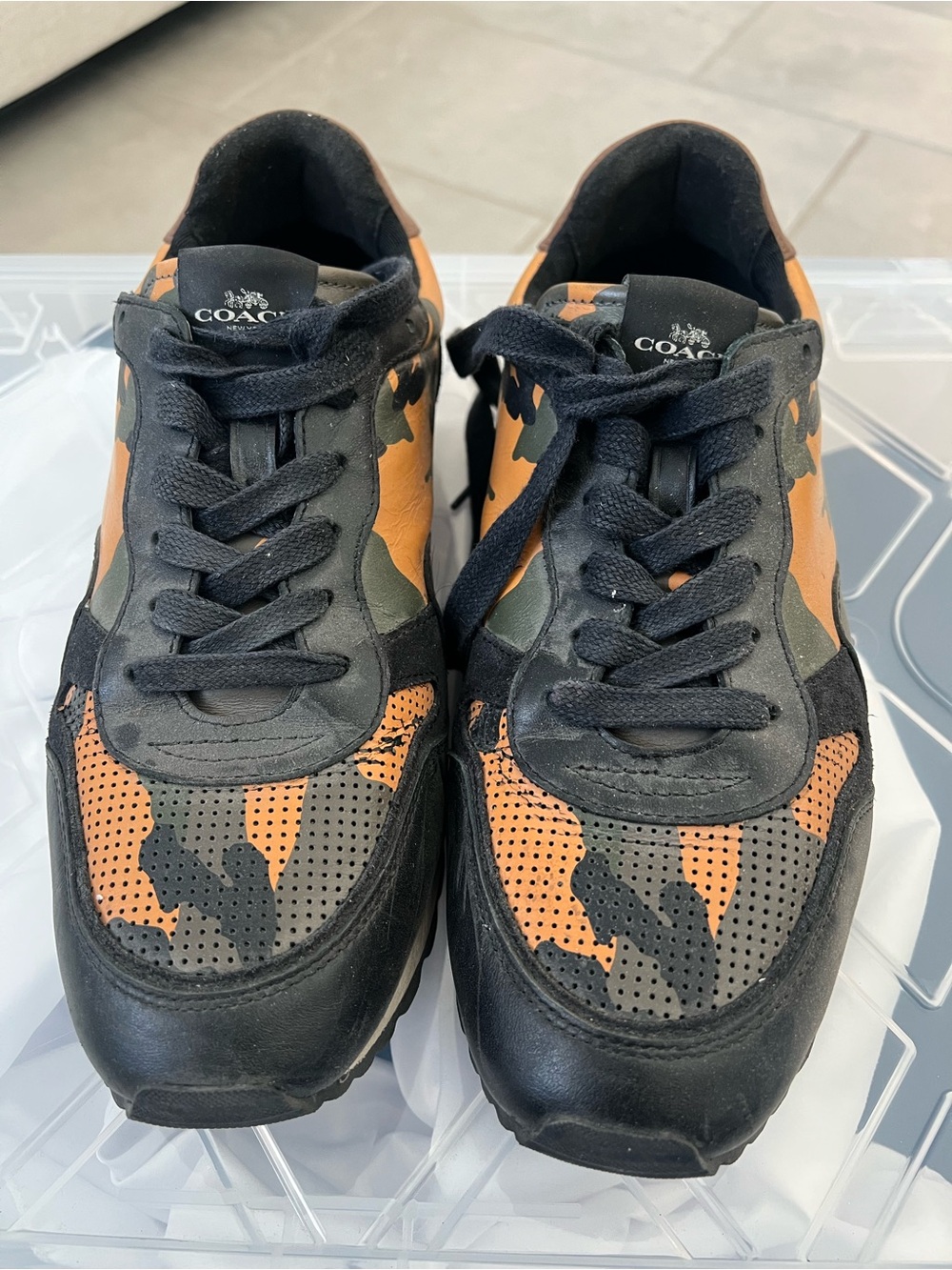 Coach Men’s Black and Orange Camouflage Leather Sneakers
